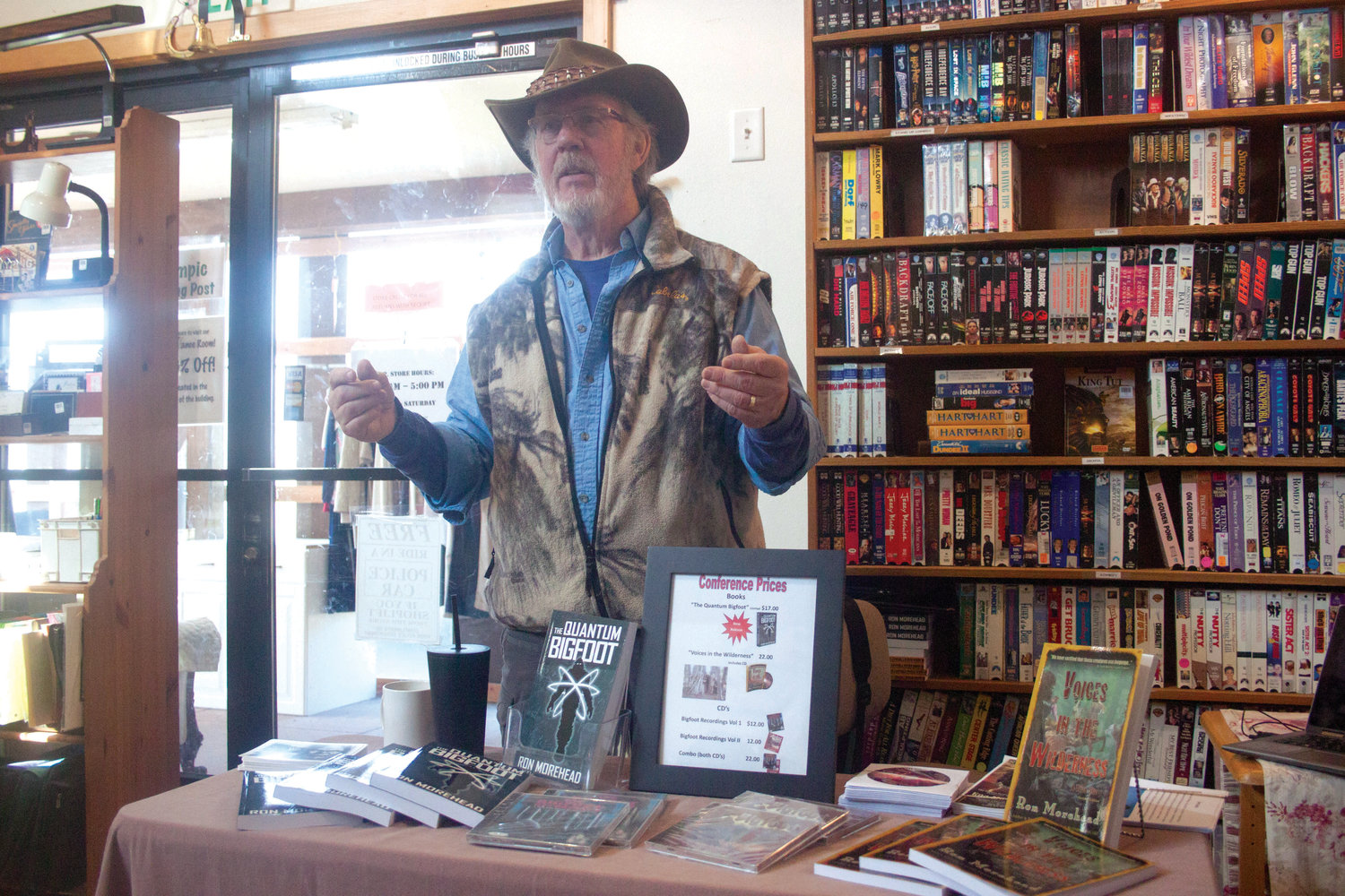 Sequim’s Ron Morehead recounts his encounters with Sasquatch to an audience at the Olympic Trading Post in Chimacum March 2, occasionally playing recordings of what he believes to be Bigfoot calls.